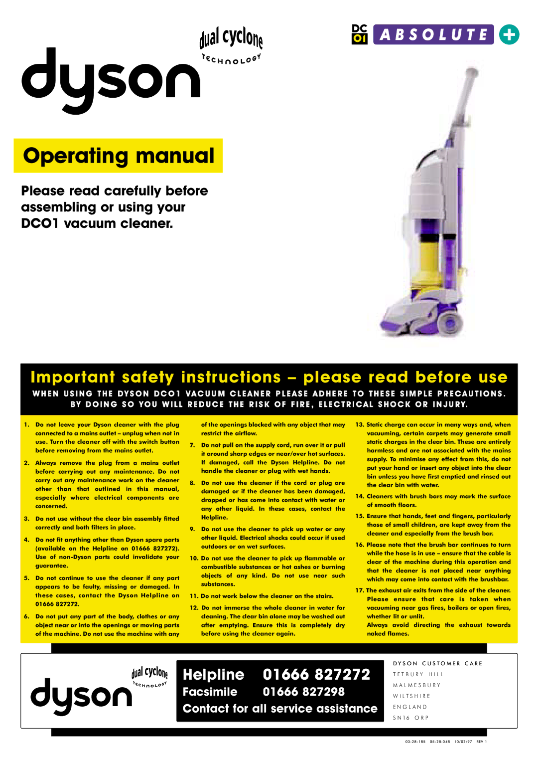 Dyson DCO1 important safety instructions Before removing from the mains outlet, Cleaner and especially from the brush bar 