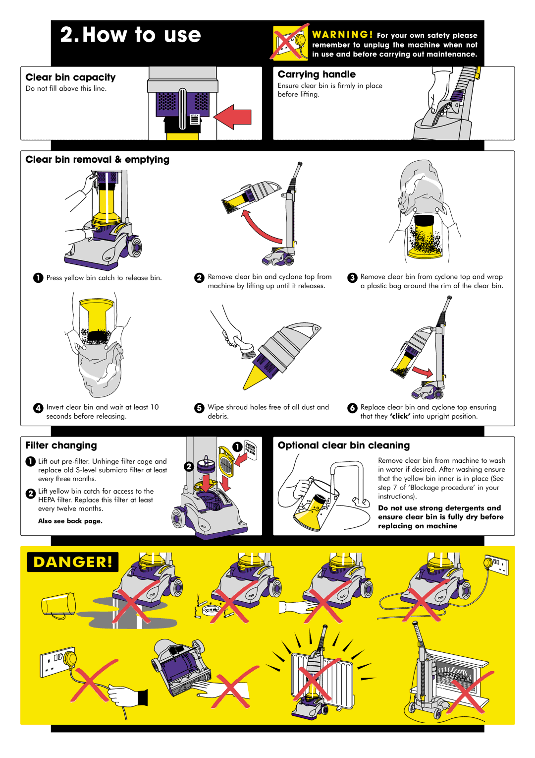 Dyson DCO1 important safety instructions How to use, Clear bin capacity Carrying handle, Clear bin removal & emptying 