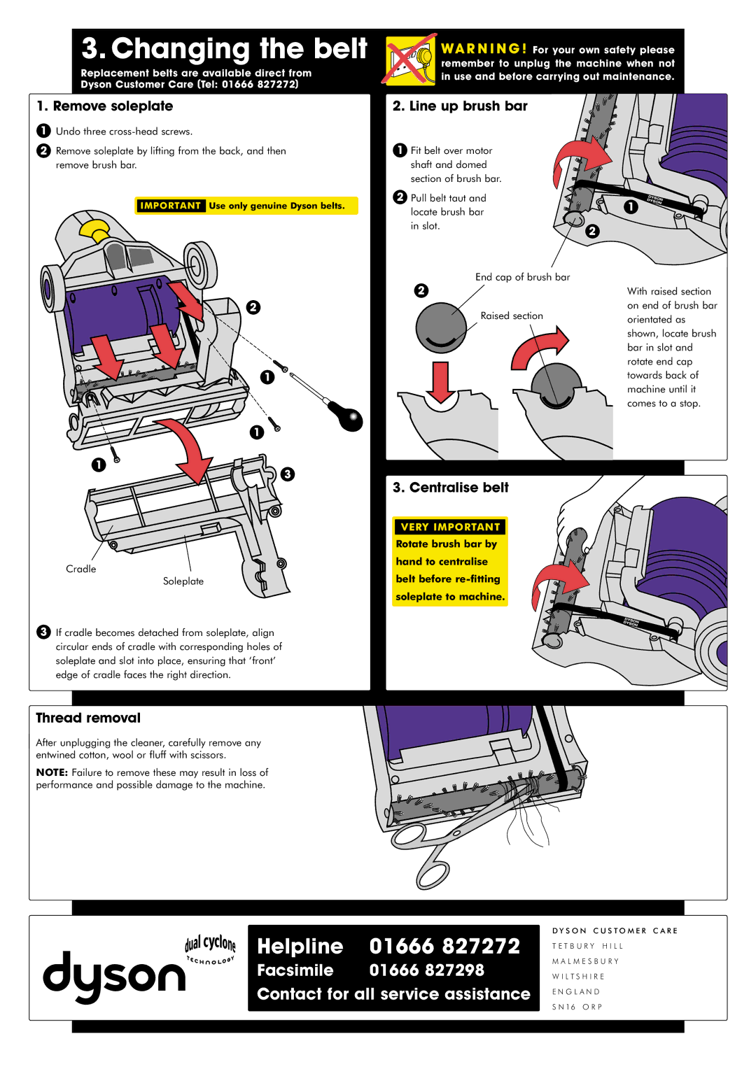 Dyson DCO1 important safety instructions Remove soleplate Line up brush bar, Centralise belt, Thread removal 