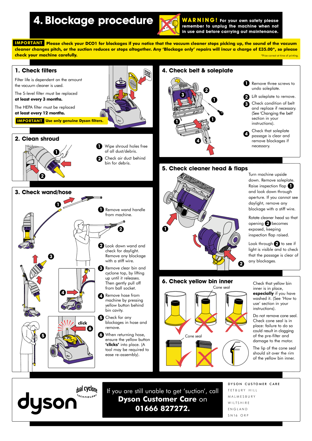 Dyson DCO1 Check filters Check belt & soleplate, Clean shroud, Check cleaner head & flaps, Check wand/hose 