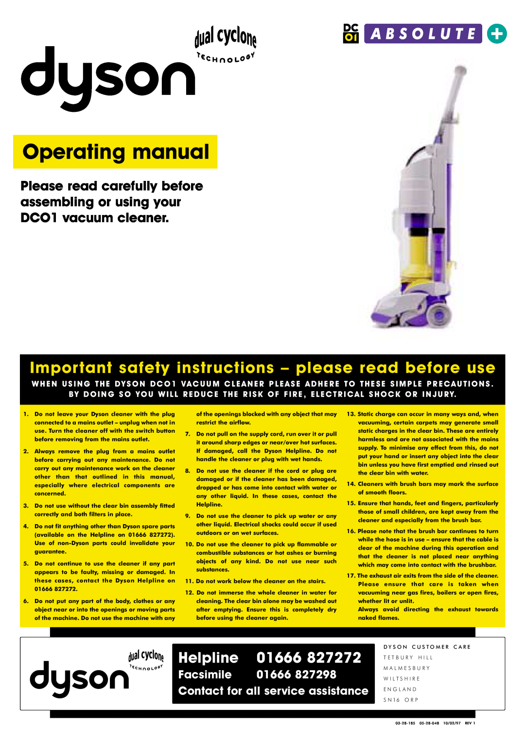 Dyson DCO1 important safety instructions Helpline, 01666, Facsimile, Contact for all service assistance, Operating manual 