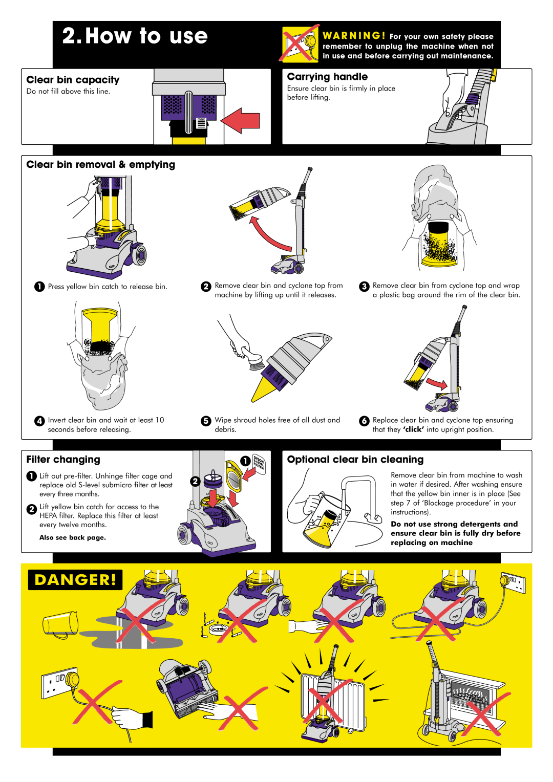 Dyson DCO1 How to use, Clear bin capacity, Carrying handle, Clear bin removal & emptying, Filter changing, Danger 