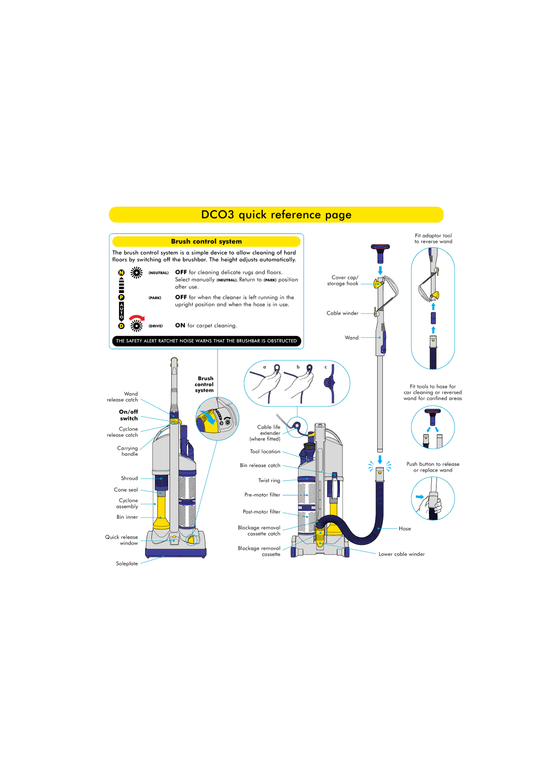 Dyson manual DCO3 quick reference, Brush control system, On/off switch 