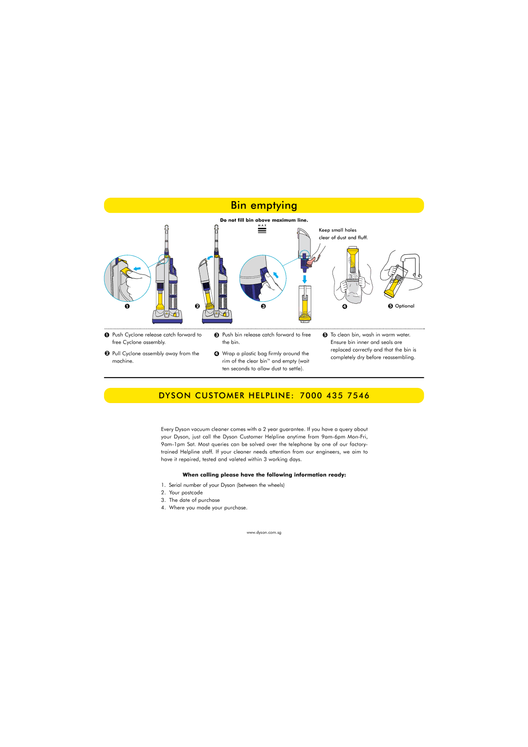 Dyson DCO3 manual Bin emptying, When calling please have the following information ready 