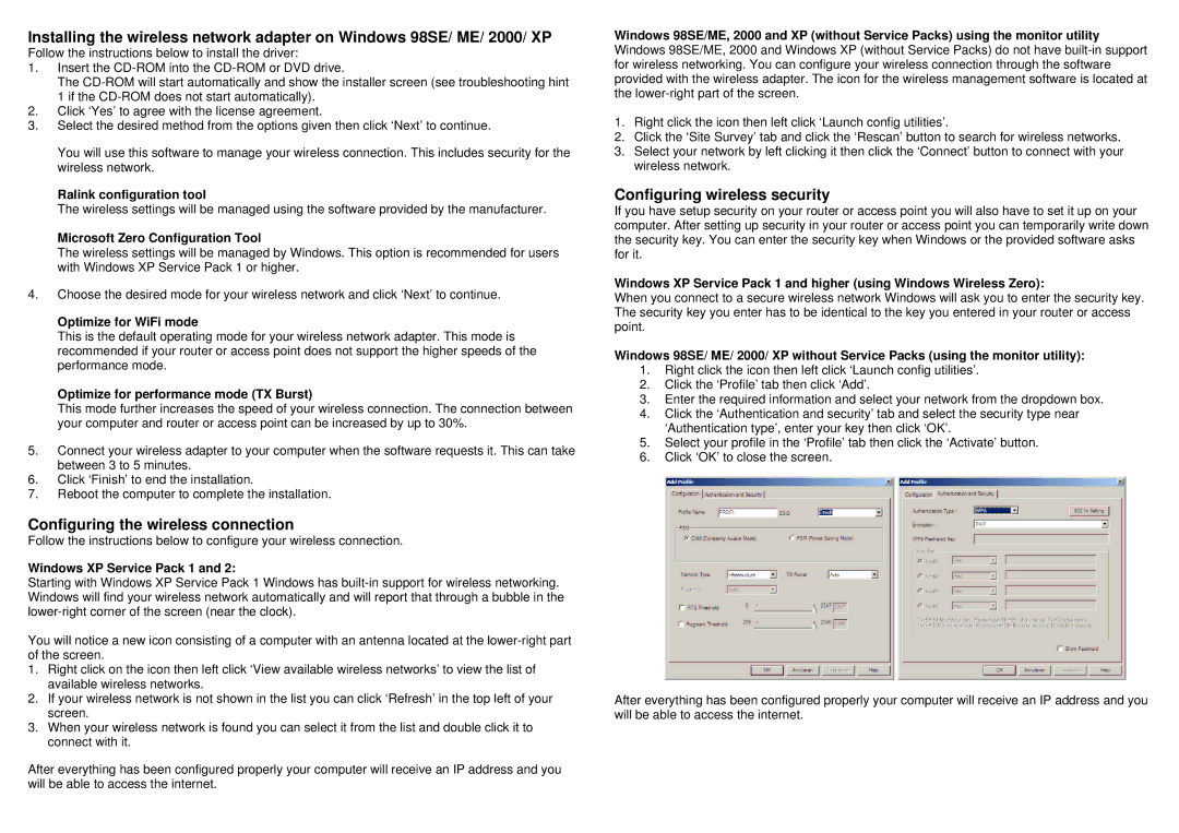 E-Tech WGUS03 manual Configuring the wireless connection, Configuring wireless security 