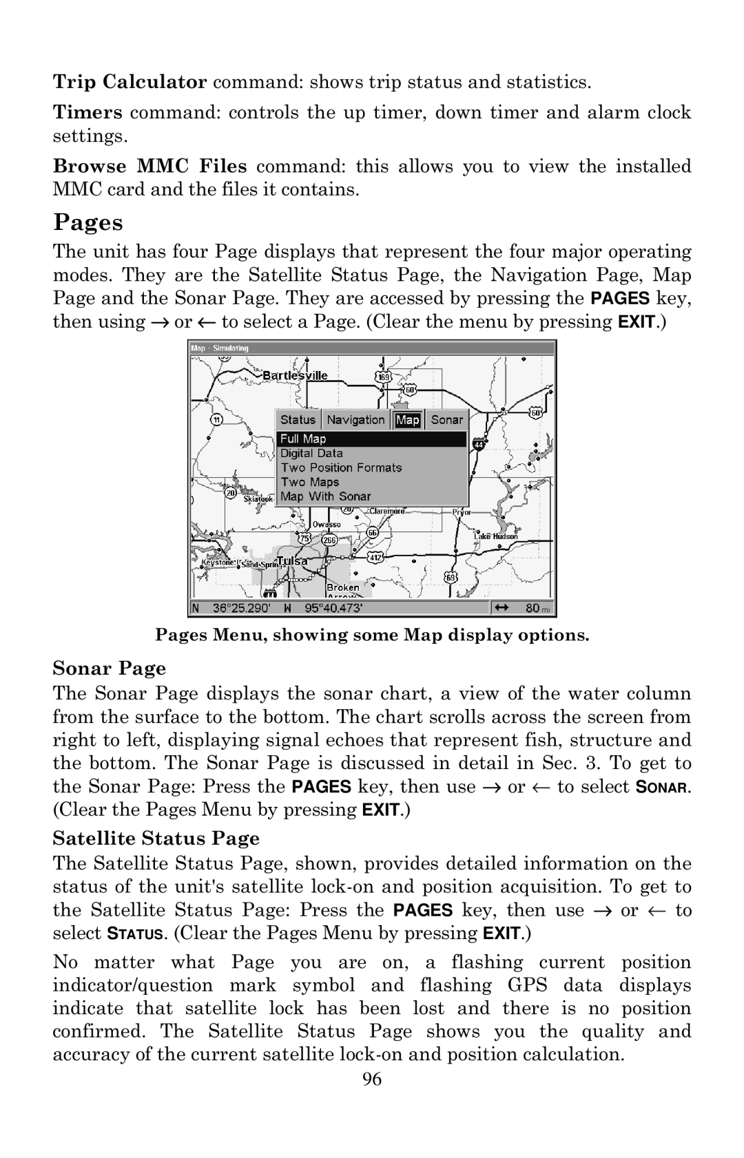 Eagle Electronics 1000C manual Pages Menu, showing some Map display options 