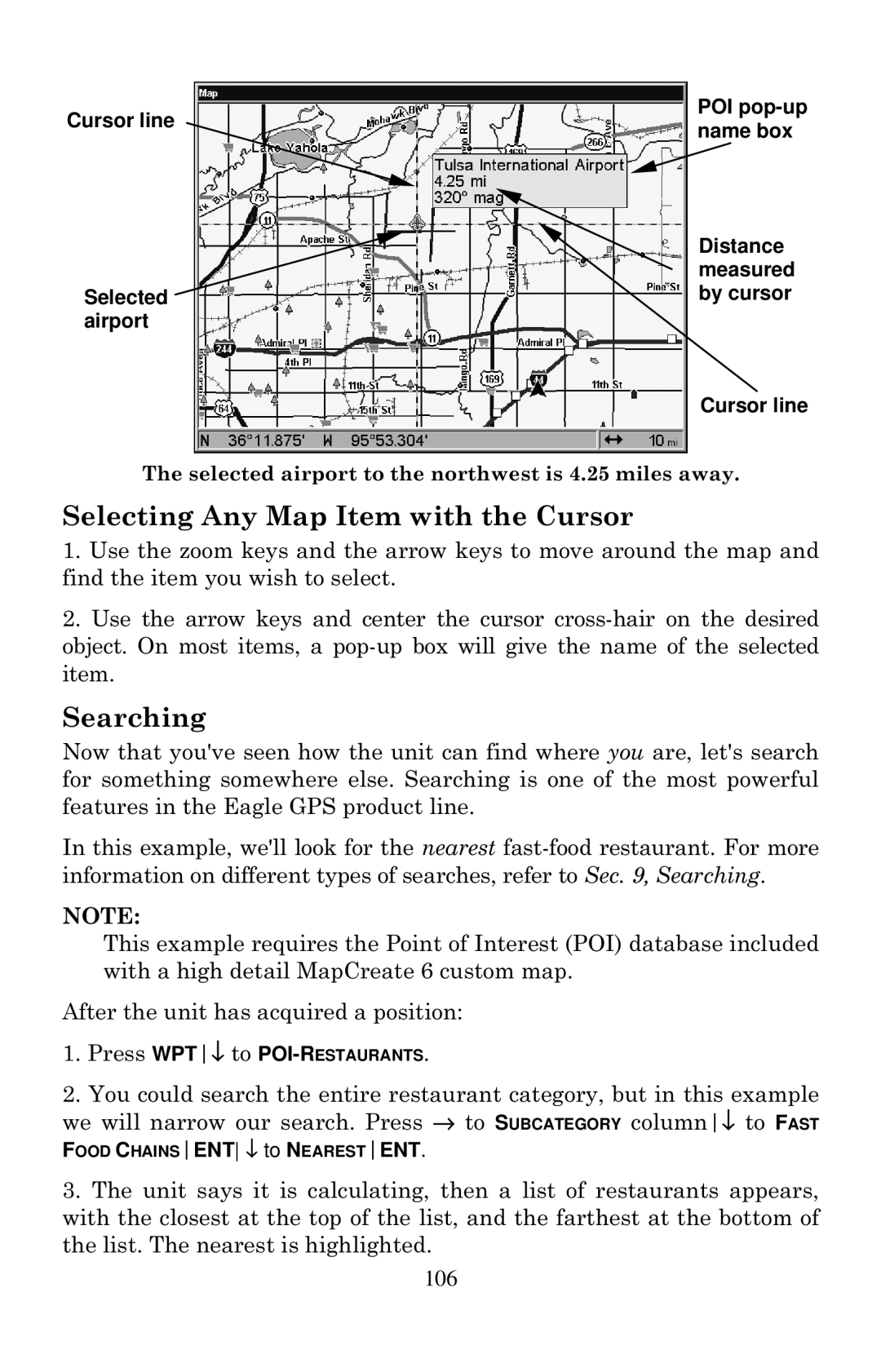 Eagle Electronics 1000C manual Selecting Any Map Item with the Cursor, Searching, 106 