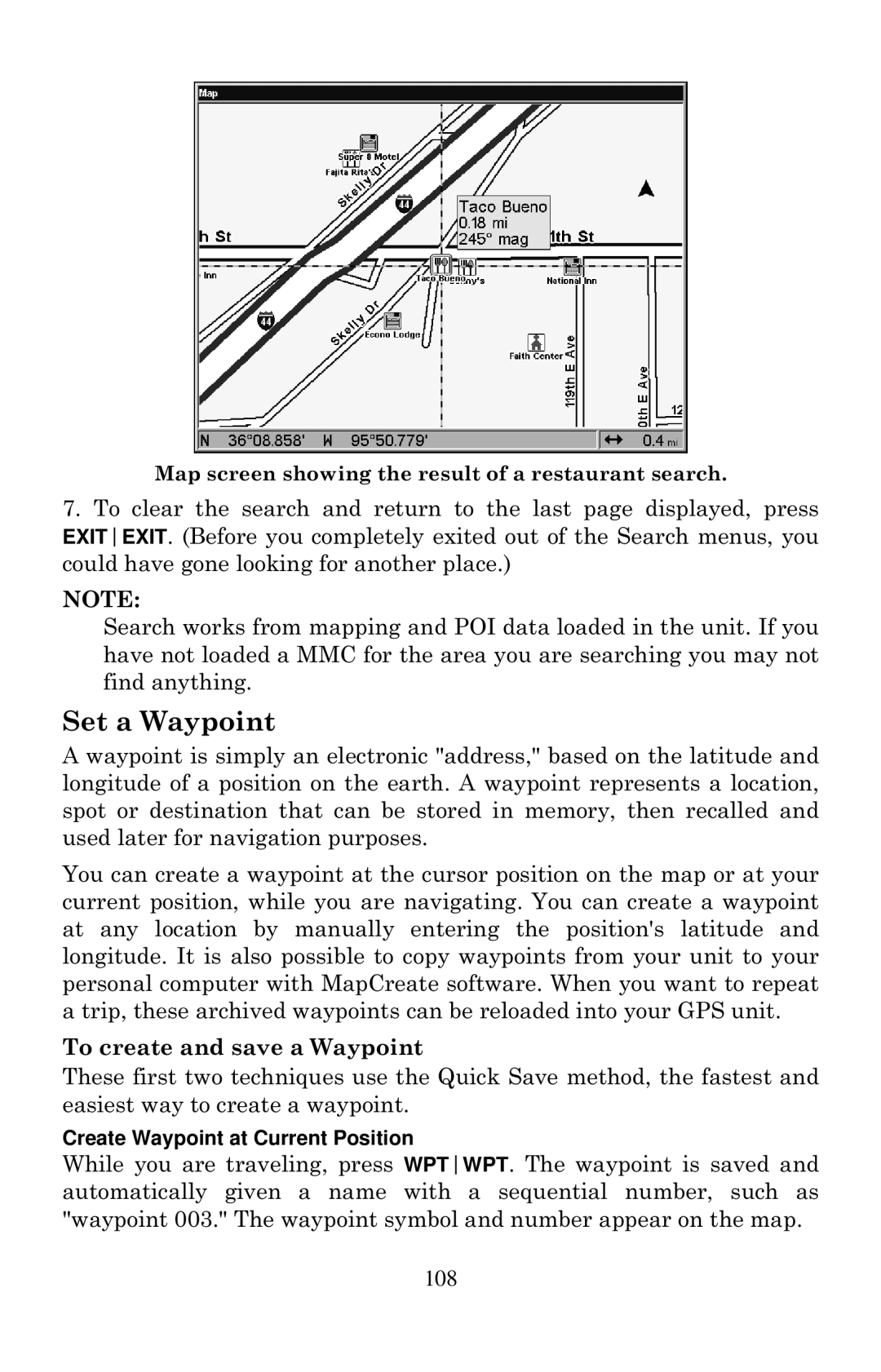 Eagle Electronics 1000C manual Set a Waypoint, 108 