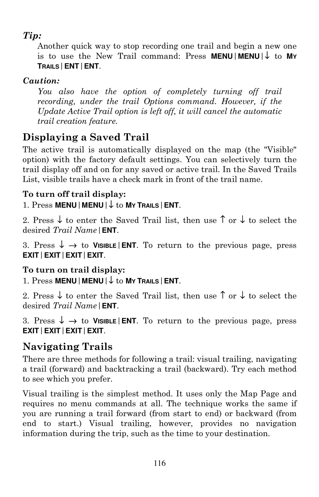 Eagle Electronics 1000C manual Displaying a Saved Trail, Navigating Trails, 116 