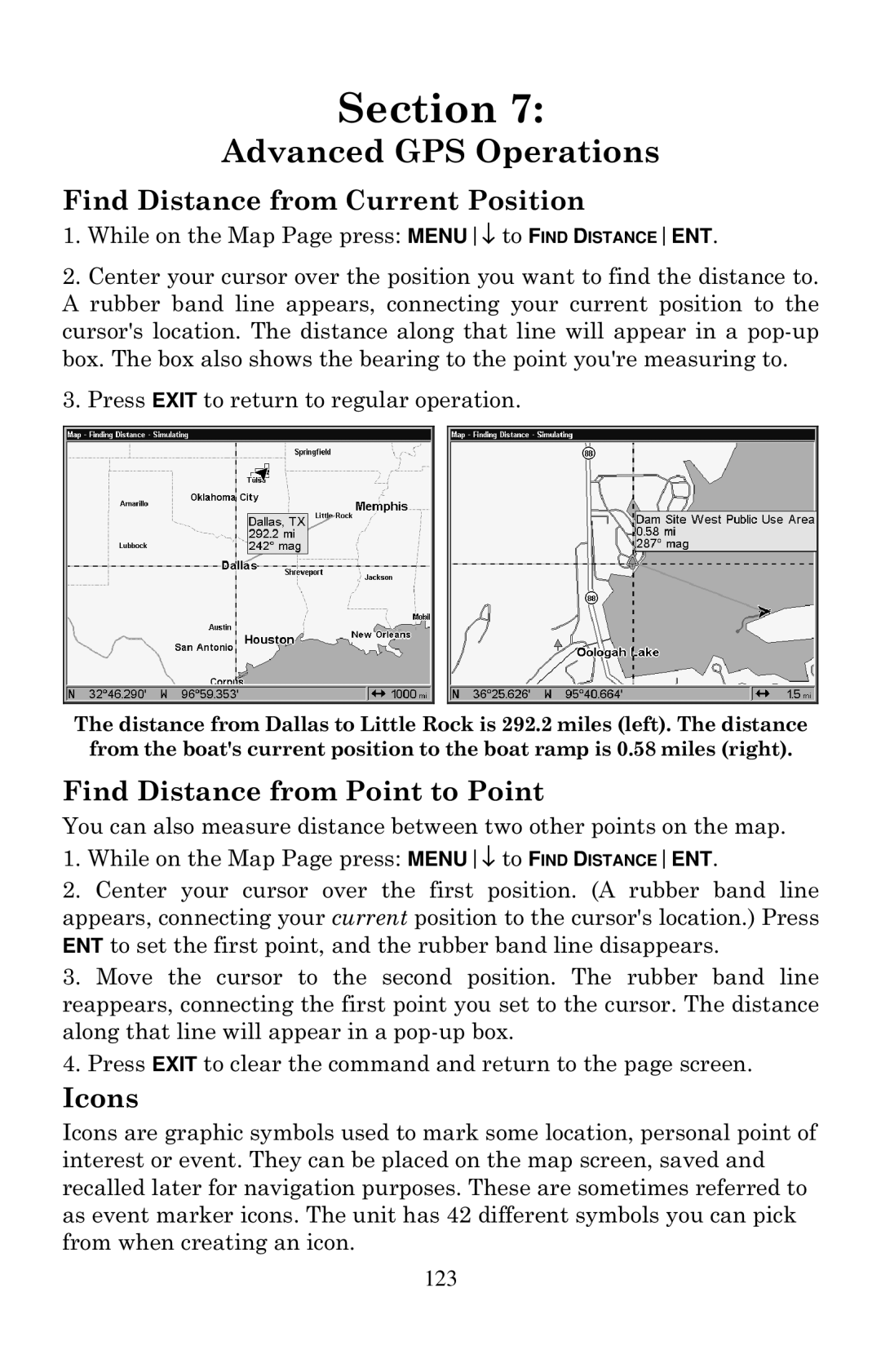 Eagle Electronics 1000C manual Find Distance from Current Position, Find Distance from Point to Point, Icons, 123 