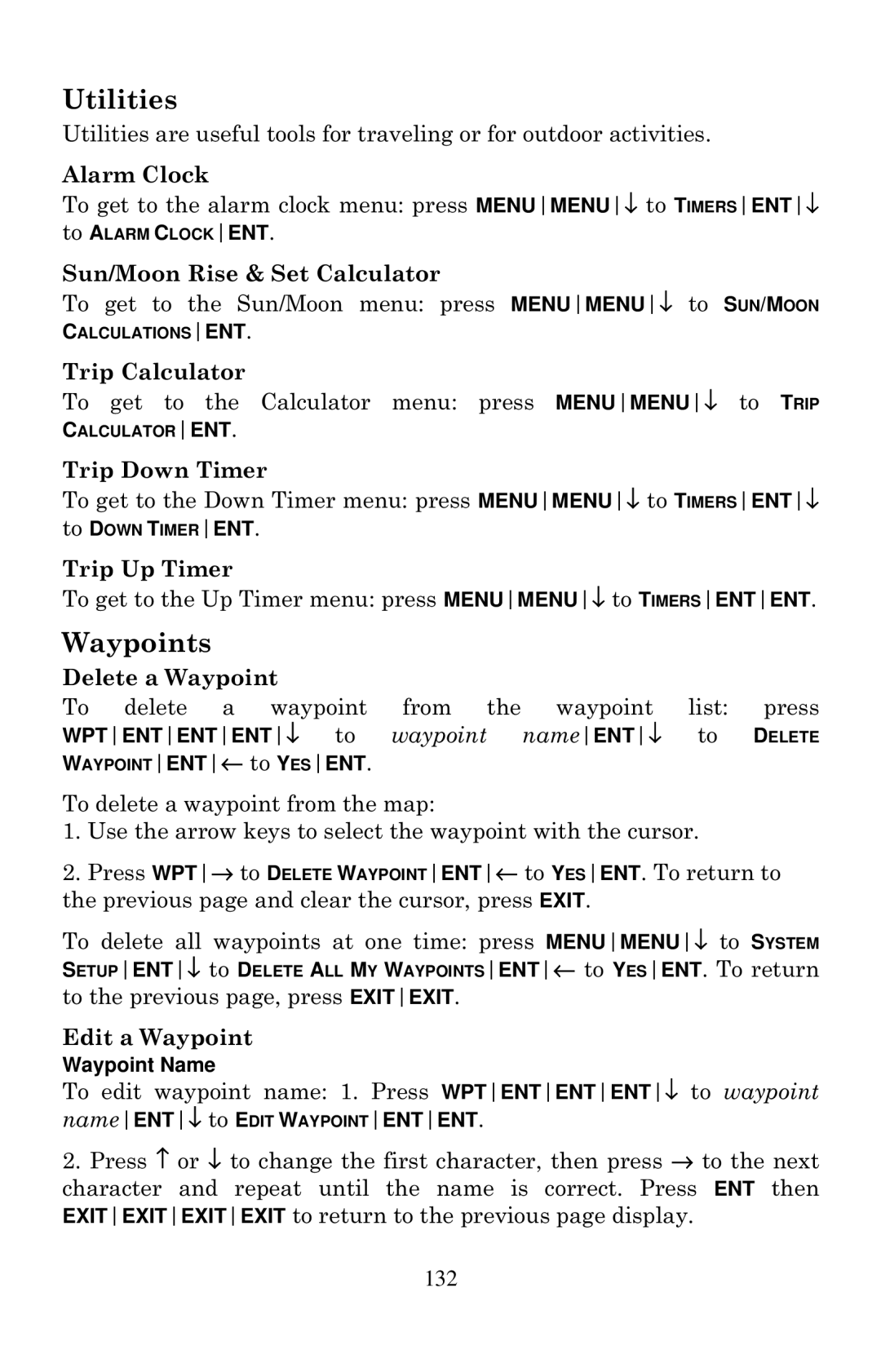 Eagle Electronics 1000C manual Utilities, Waypoints, 132 