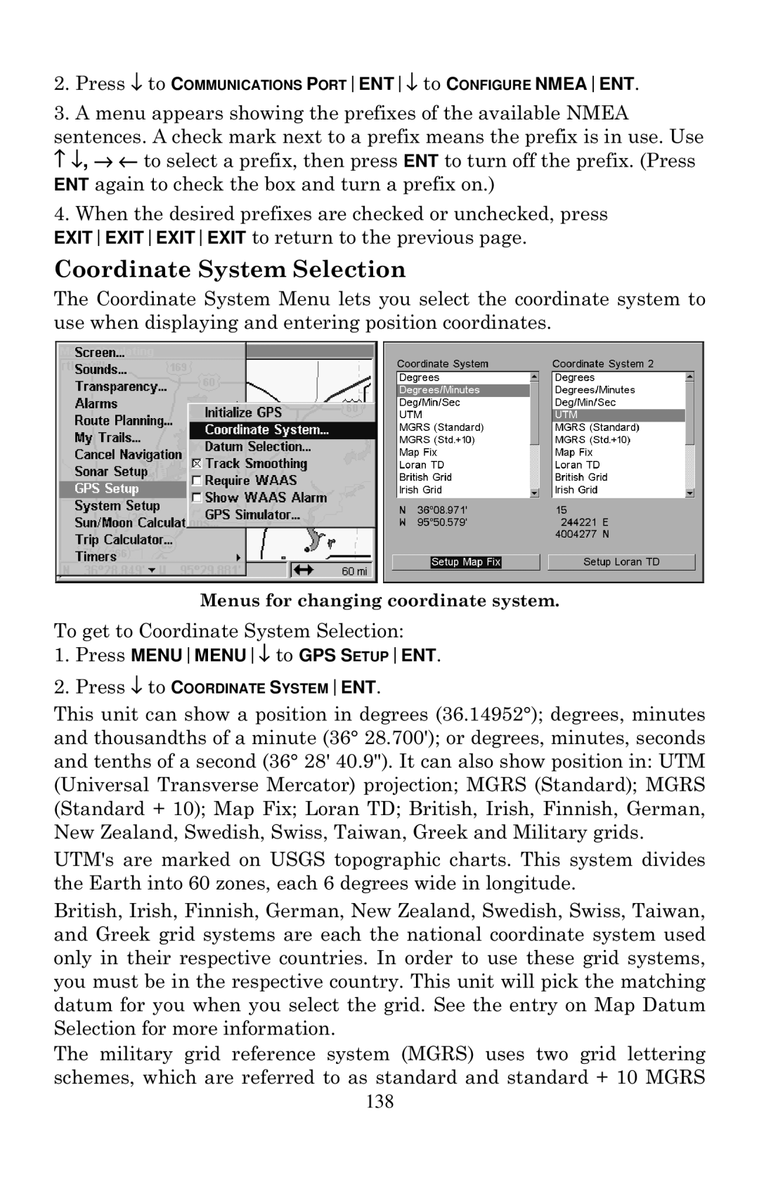 Eagle Electronics 1000C manual Coordinate System Selection, 138 