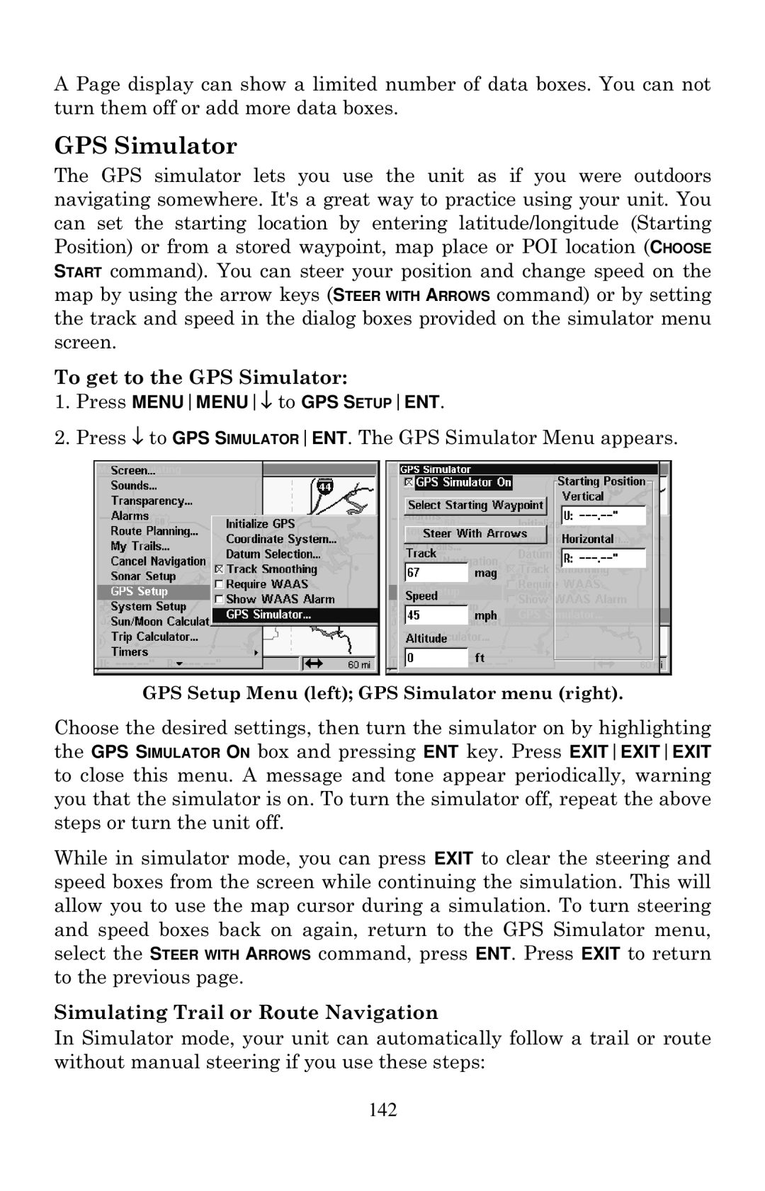 Eagle Electronics 1000C manual GPS Simulator, 142 