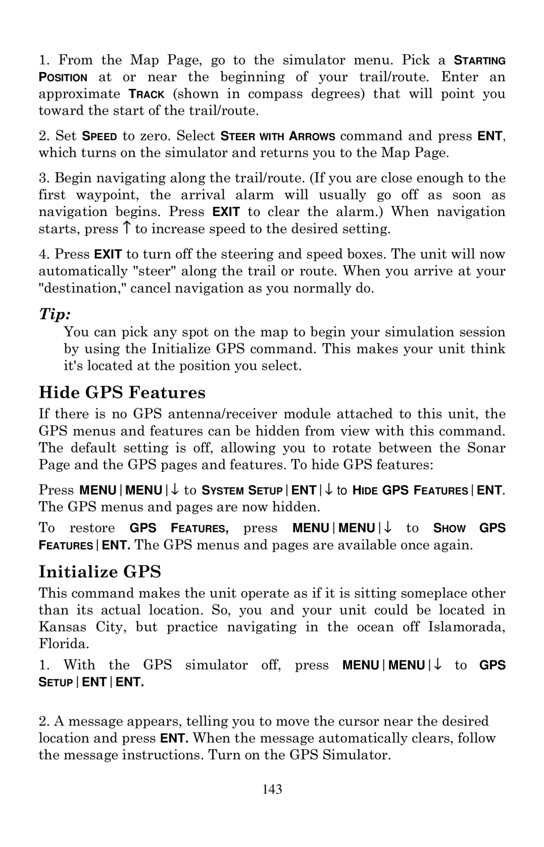 Eagle Electronics 1000C manual Hide GPS Features, Initialize GPS, 143 