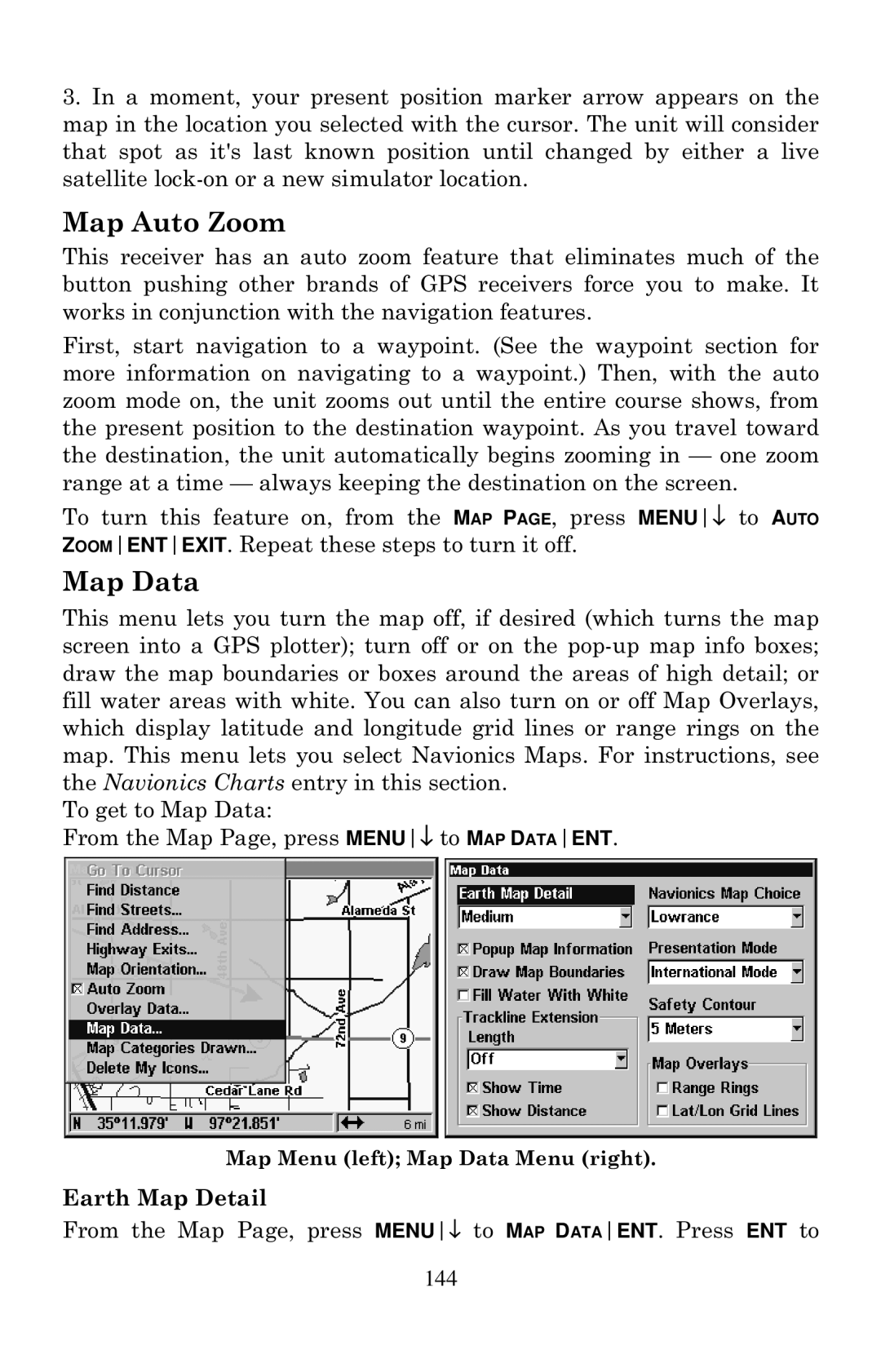 Eagle Electronics 1000C manual Map Auto Zoom, Map Data, 144 