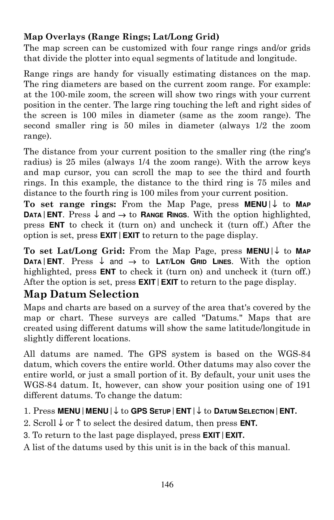 Eagle Electronics 1000C manual Map Datum Selection, 146 