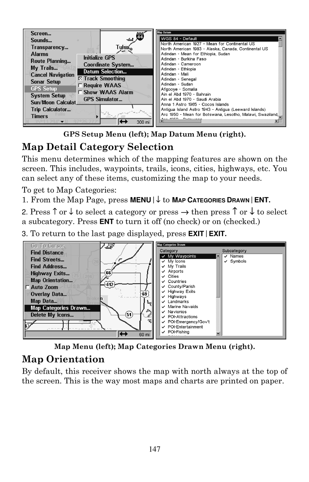 Eagle Electronics 1000C manual Map Detail Category Selection, Map Orientation, 147 