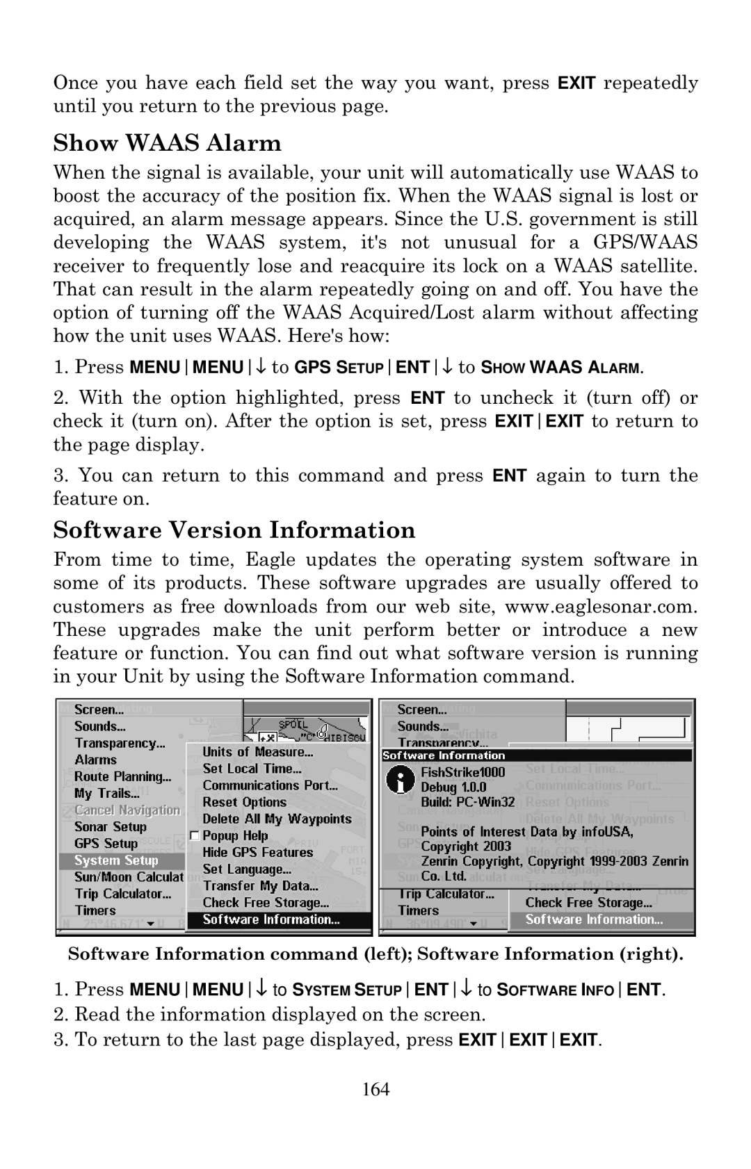 Eagle Electronics 1000C manual Show Waas Alarm, Software Version Information, 164 