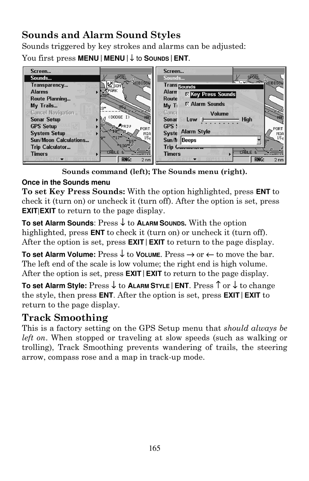 Eagle Electronics 1000C manual Sounds and Alarm Sound Styles, Track Smoothing, 165 