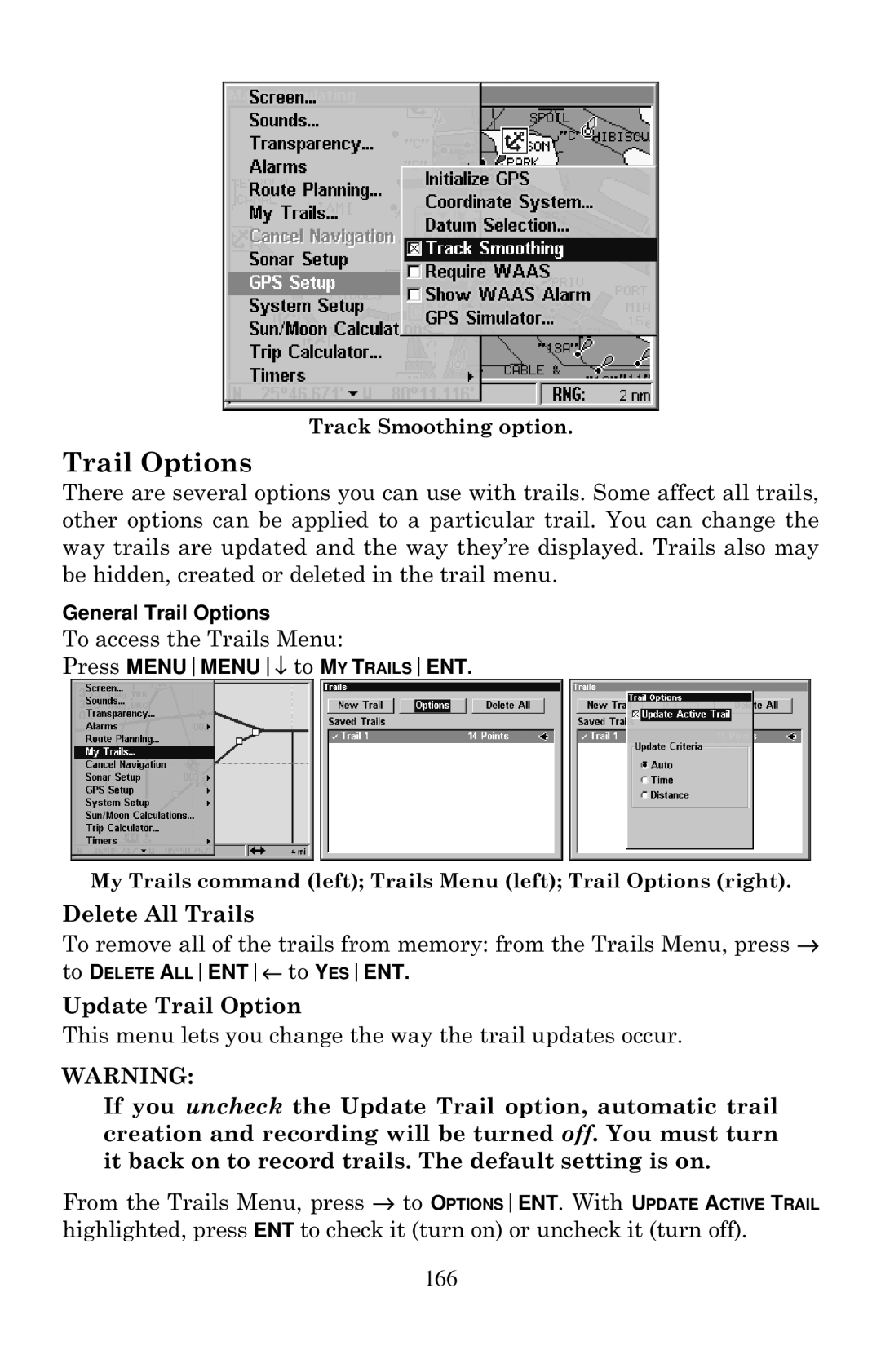 Eagle Electronics 1000C manual Trail Options, 166 