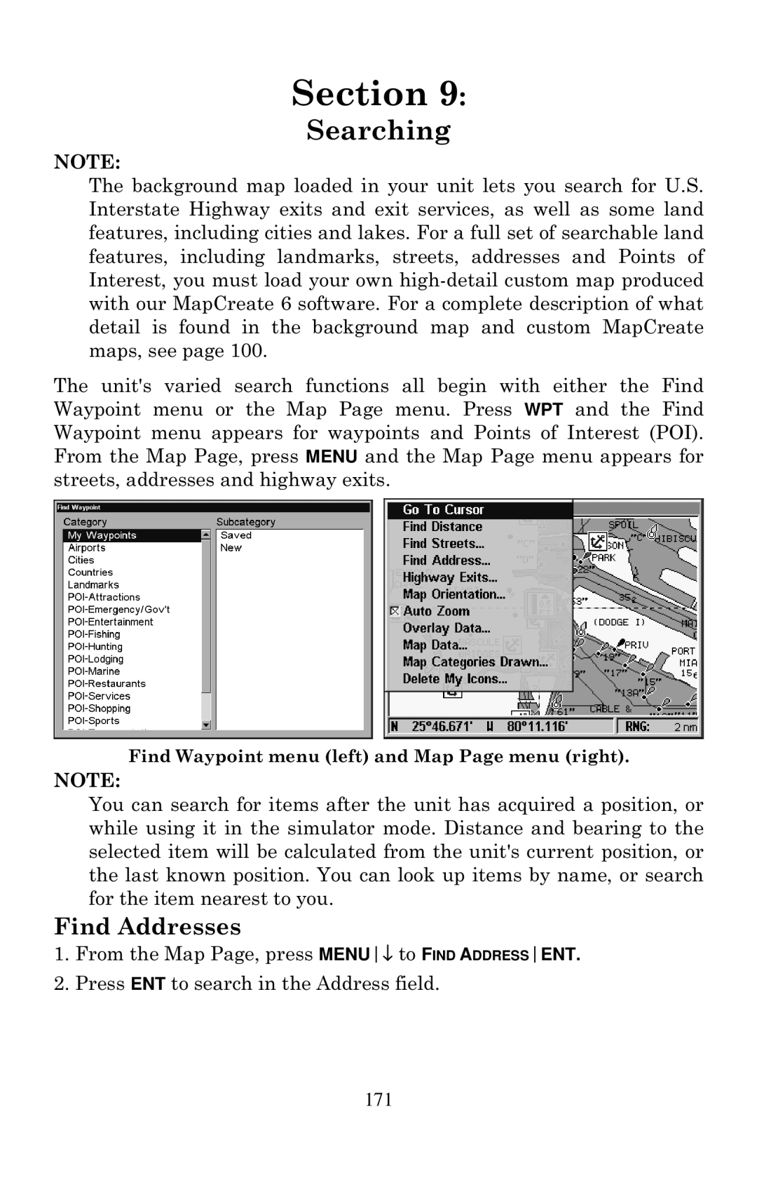 Eagle Electronics 1000C manual Find Addresses, 171 