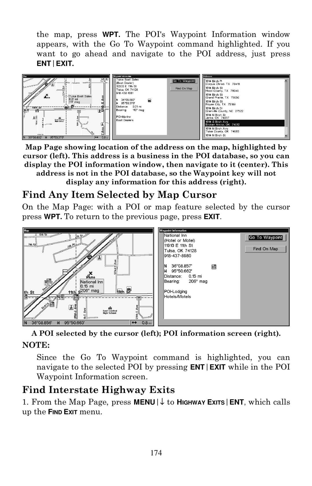 Eagle Electronics 1000C manual Find Any Item Selected by Map Cursor, Find Interstate Highway Exits, 174 