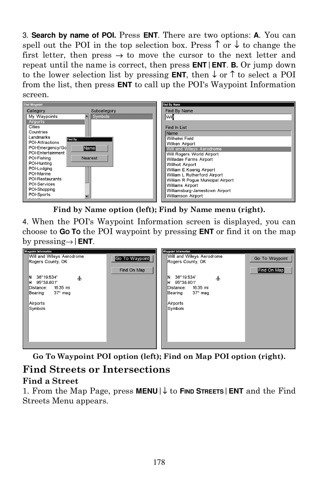 Eagle Electronics 1000C manual Find Streets or Intersections, 178 