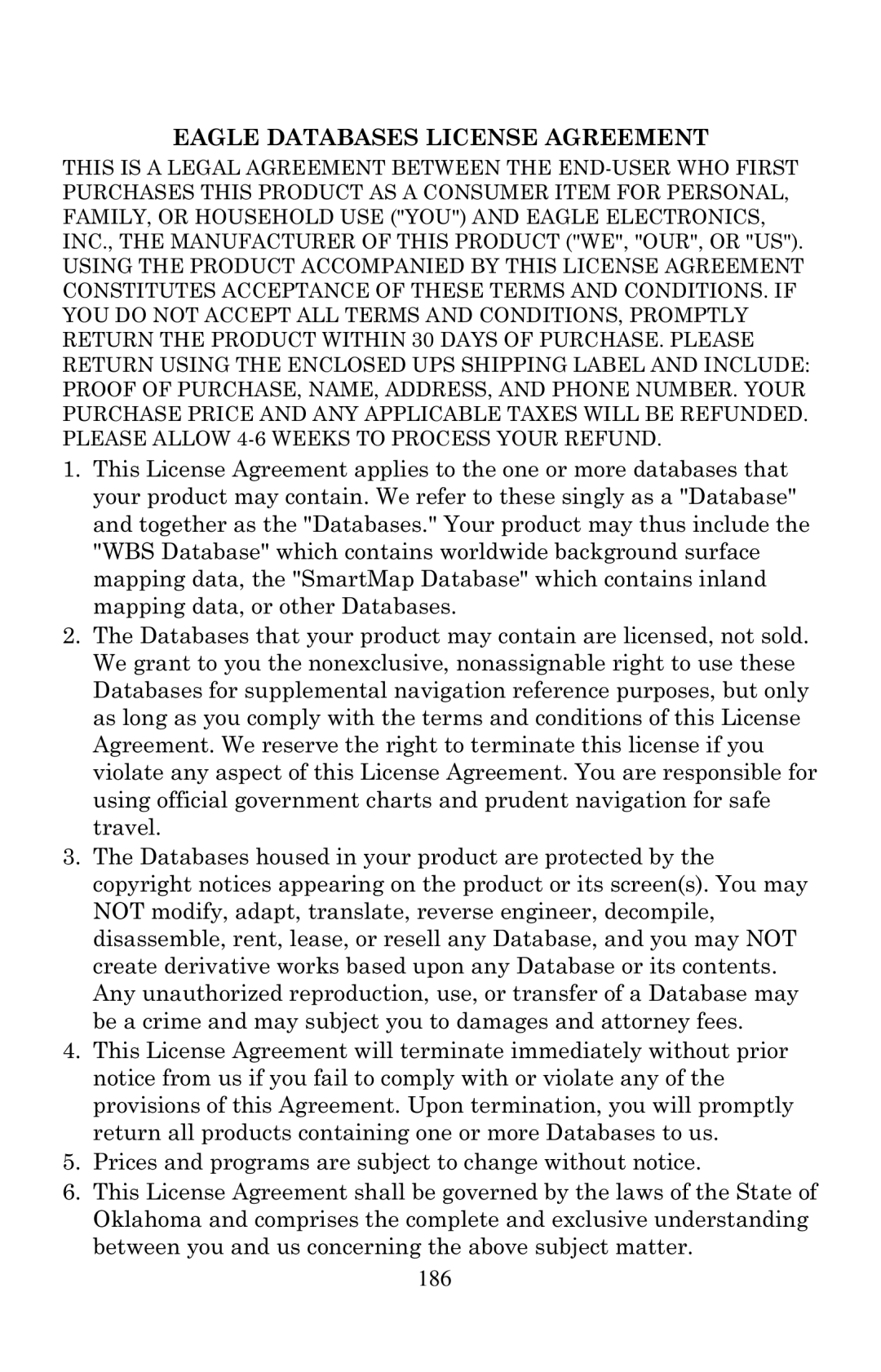 Eagle Electronics 1000C manual Eagle Databases License Agreement, 186 