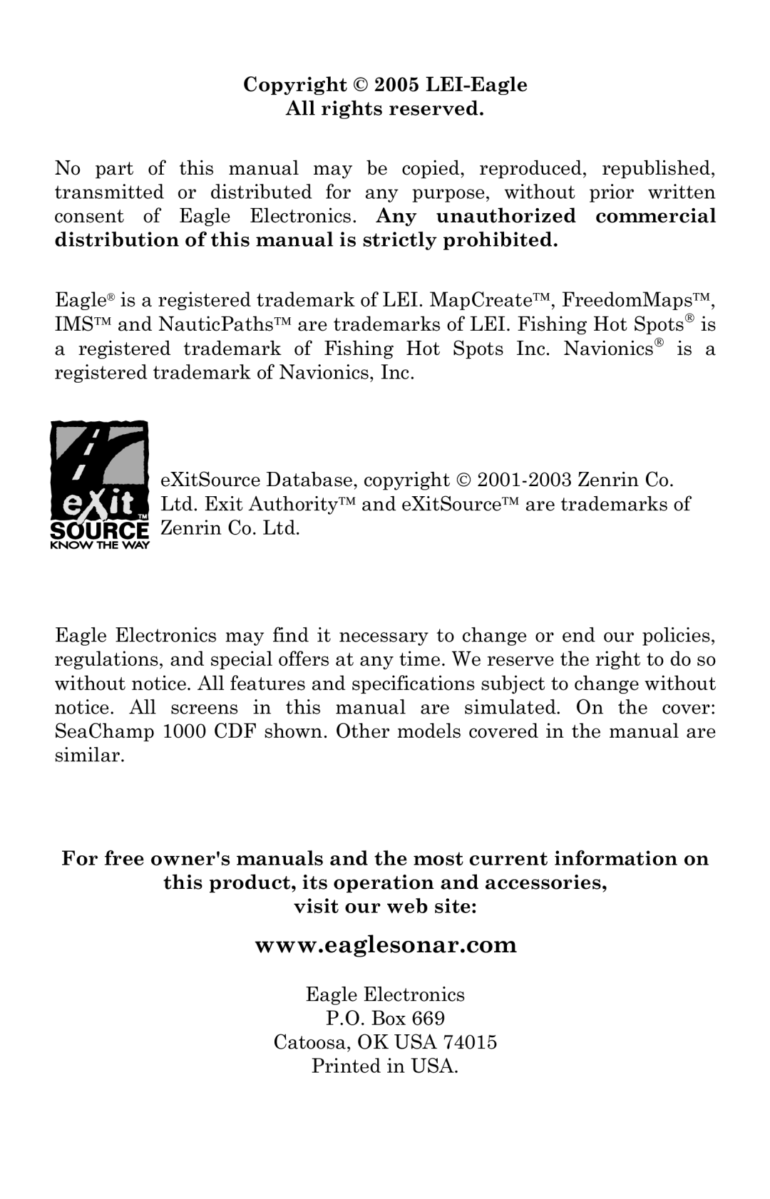 Eagle Electronics 1000C manual Copyright 2005 LEI-Eagle All rights reserved, Eagle Electronics Box Catoosa, OK USA 