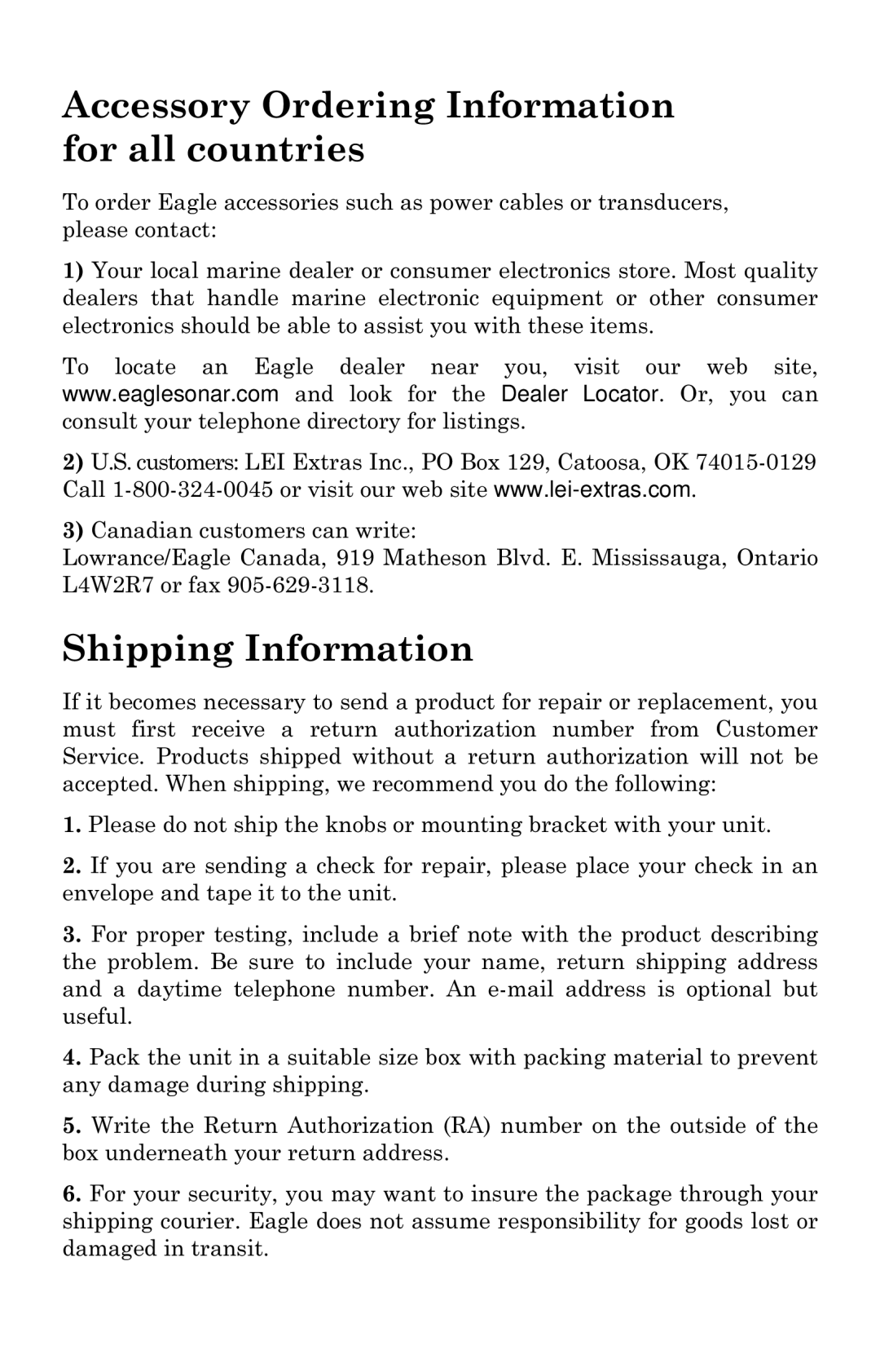 Eagle Electronics 1000C manual Accessory Ordering Information for all countries 