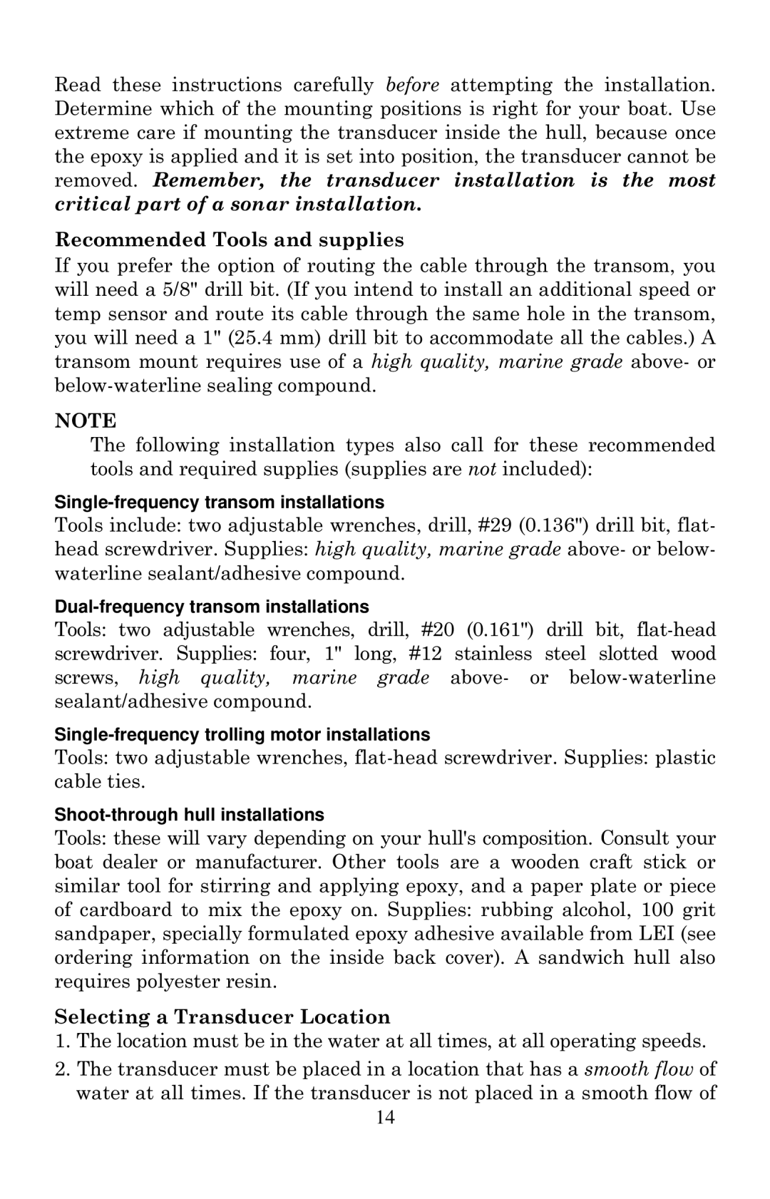 Eagle Electronics 1000C manual Single-frequency transom installations 