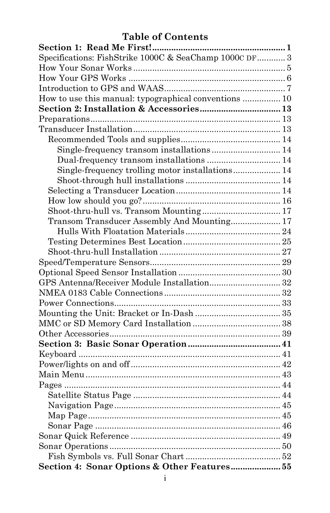 Eagle Electronics 1000C manual Table of Contents 