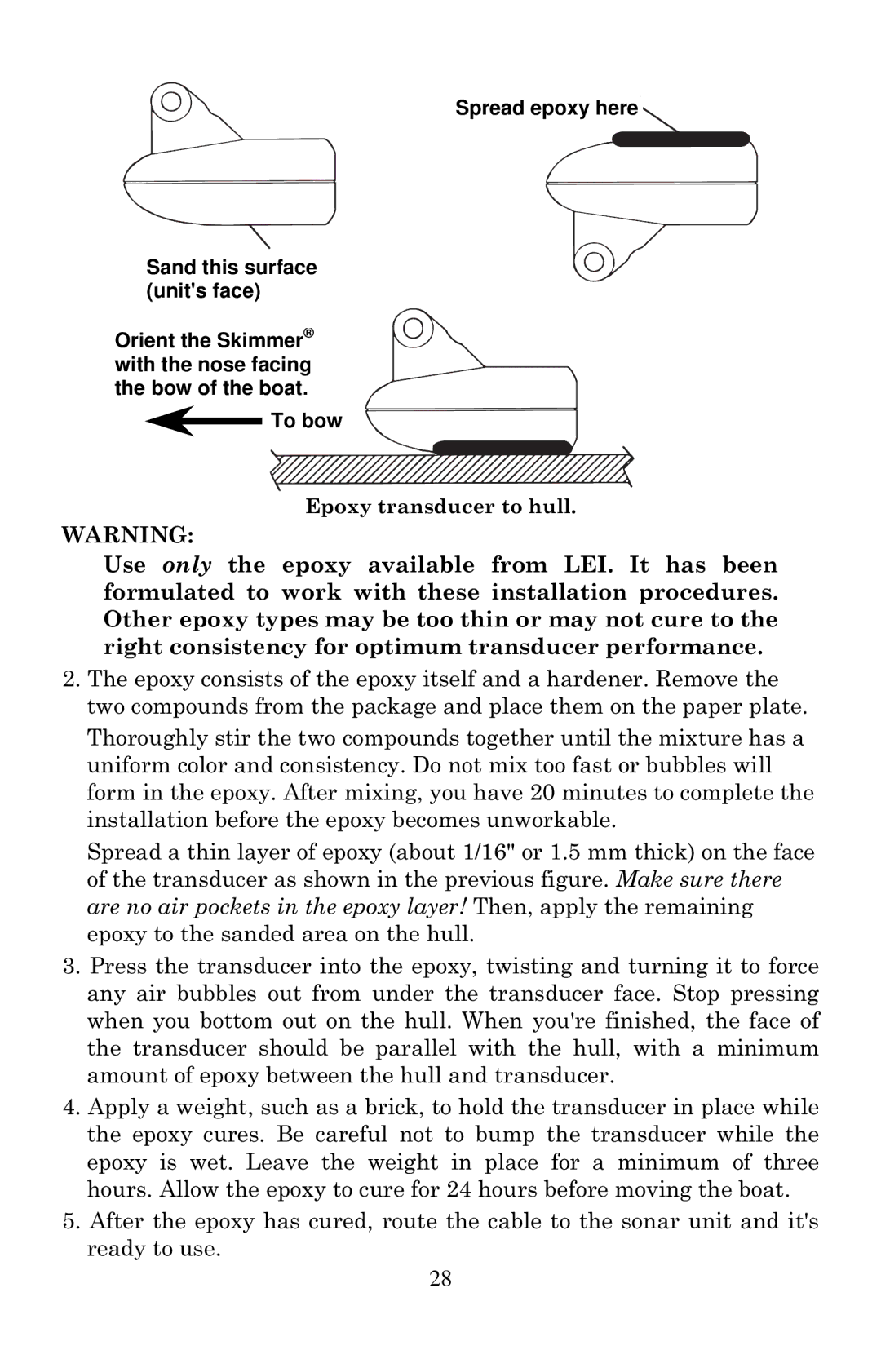 Eagle Electronics 1000C manual Epoxy transducer to hull 