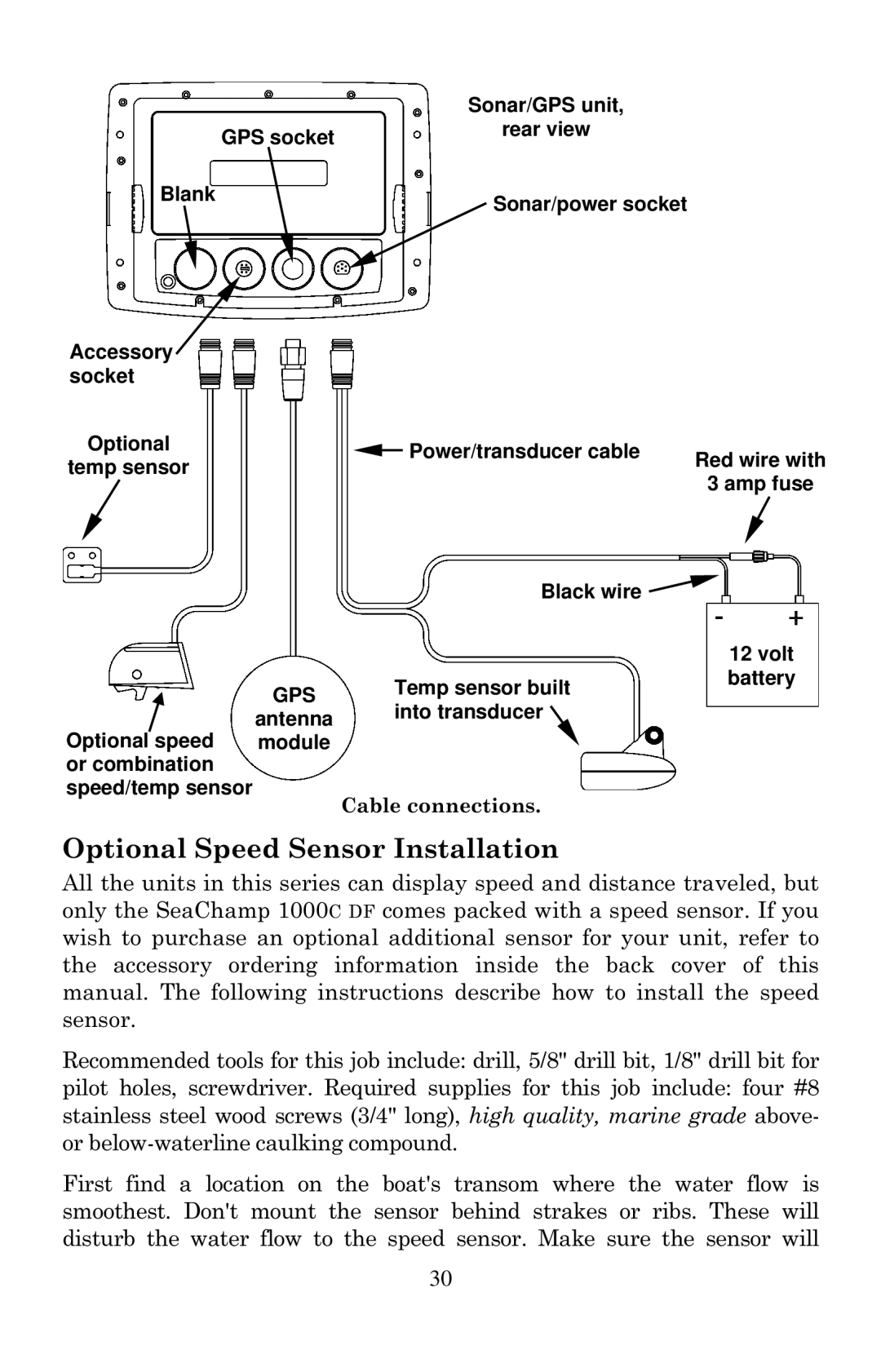 Eagle Electronics 1000C manual Optional Speed Sensor Installation, Gps 