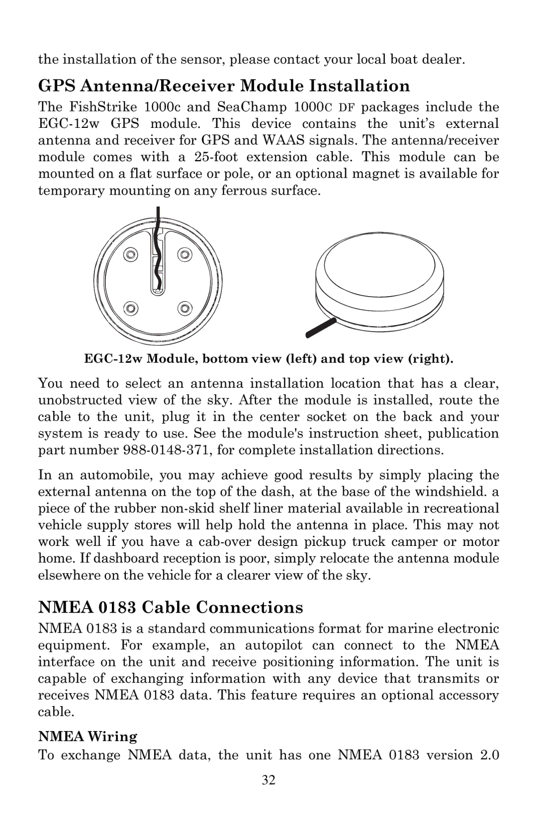 Eagle Electronics 1000C manual GPS Antenna/Receiver Module Installation, Nmea 0183 Cable Connections 