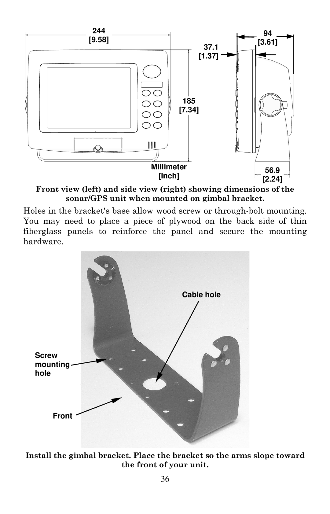 Eagle Electronics 1000C manual Cable hole Screw mounting hole Front 