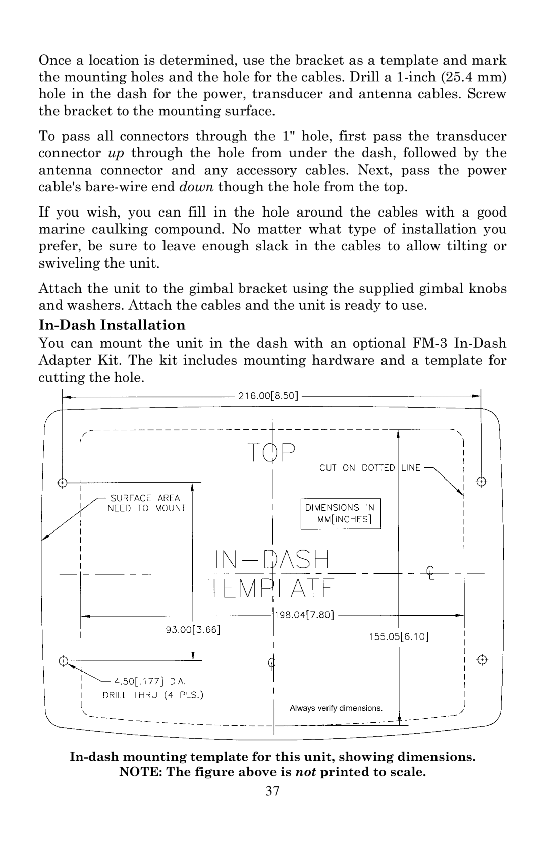 Eagle Electronics 1000C manual In-dash mounting template for this unit, showing dimensions 