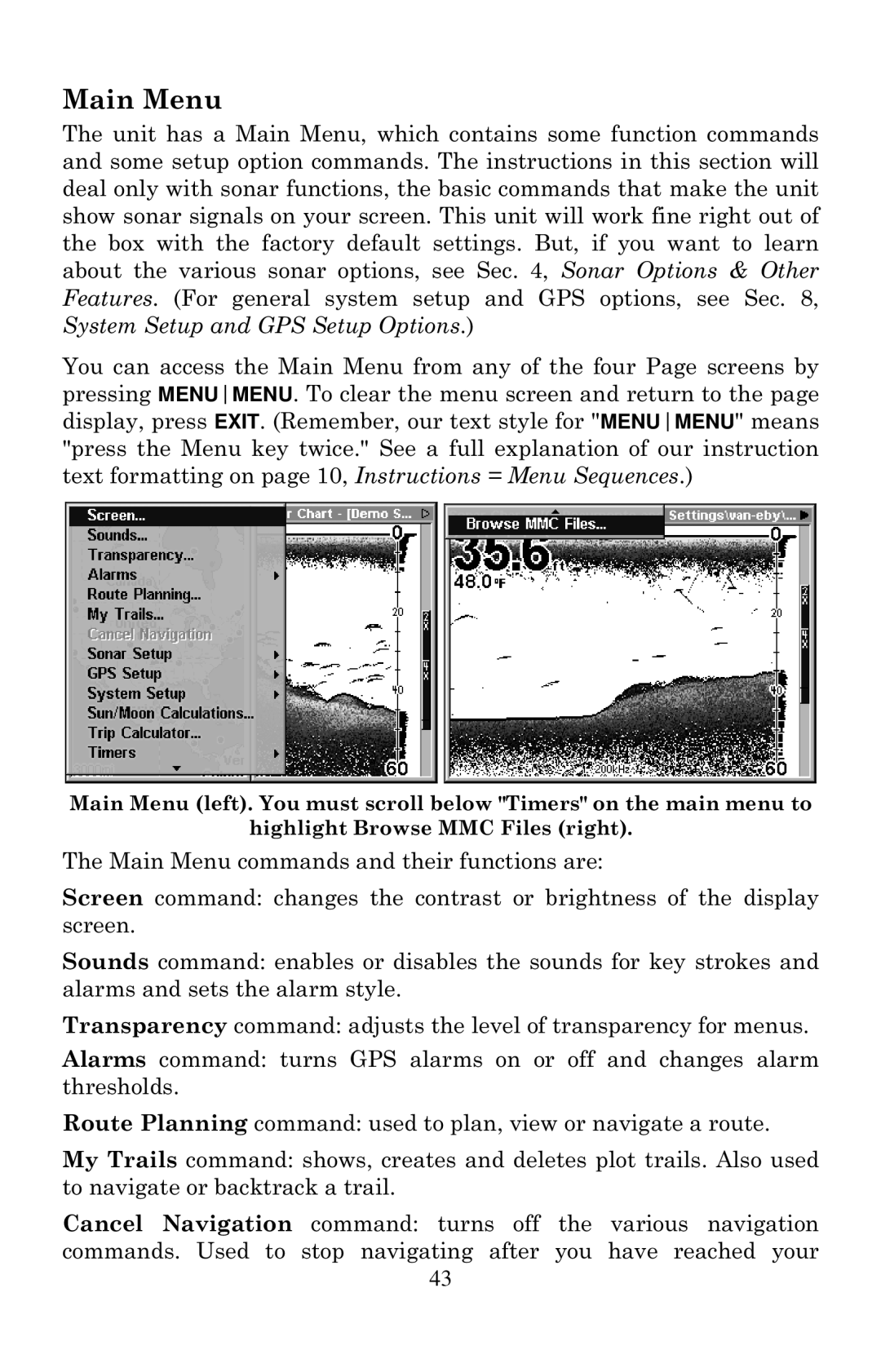 Eagle Electronics 1000C manual Main Menu 