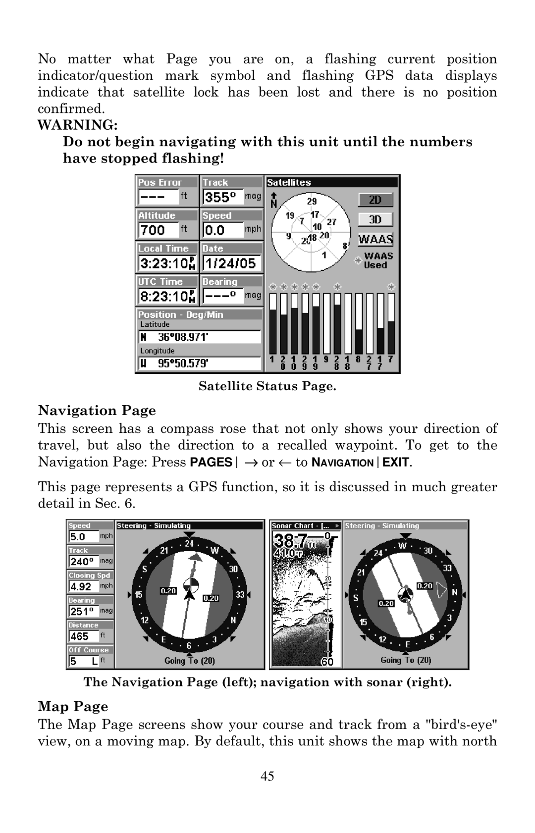 Eagle Electronics 1000C manual Navigation Page left navigation with sonar right 