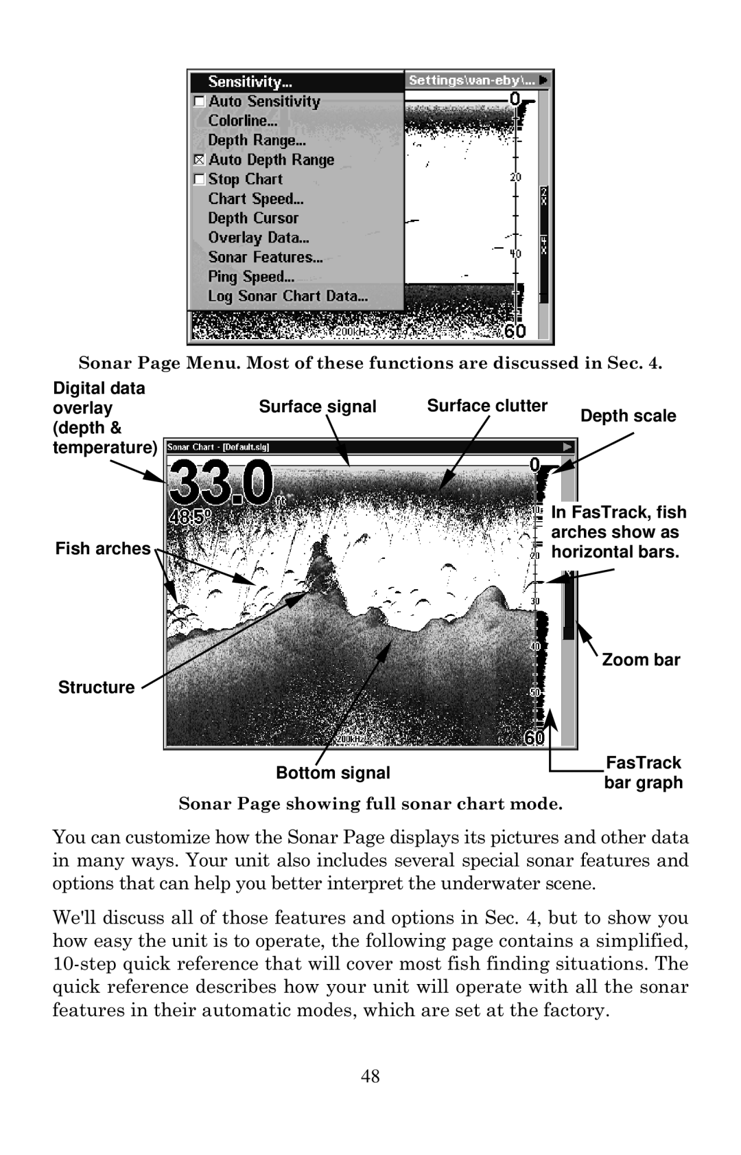 Eagle Electronics 1000C manual Sonar Page showing full sonar chart mode 