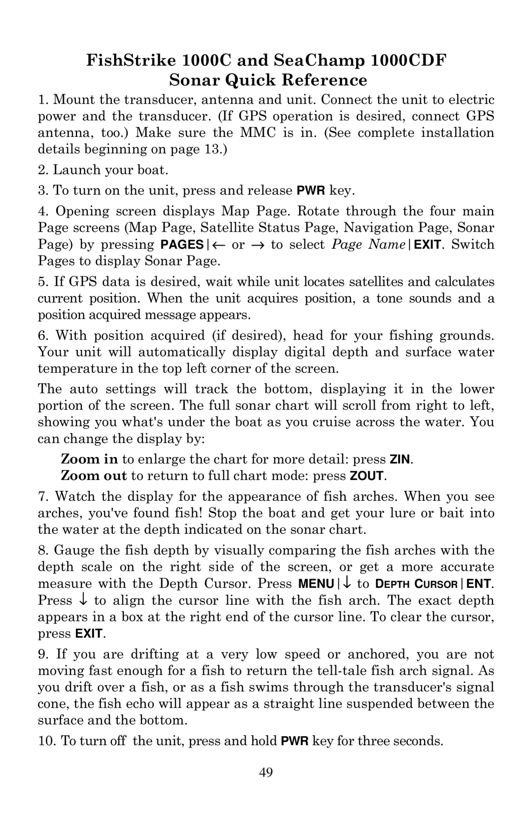 Eagle Electronics manual FishStrike 1000C and SeaChamp 1000CDF Sonar Quick Reference 