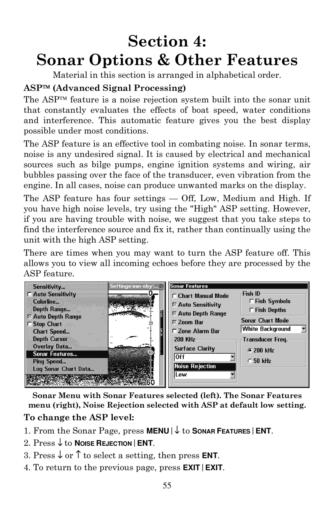 Eagle Electronics 1000C manual Section Sonar Options & Other Features 