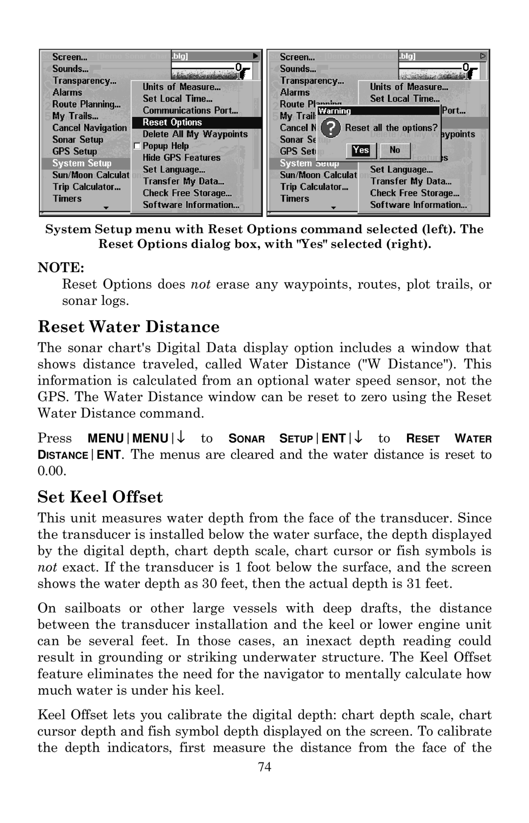 Eagle Electronics 1000C manual Reset Water Distance, Set Keel Offset 