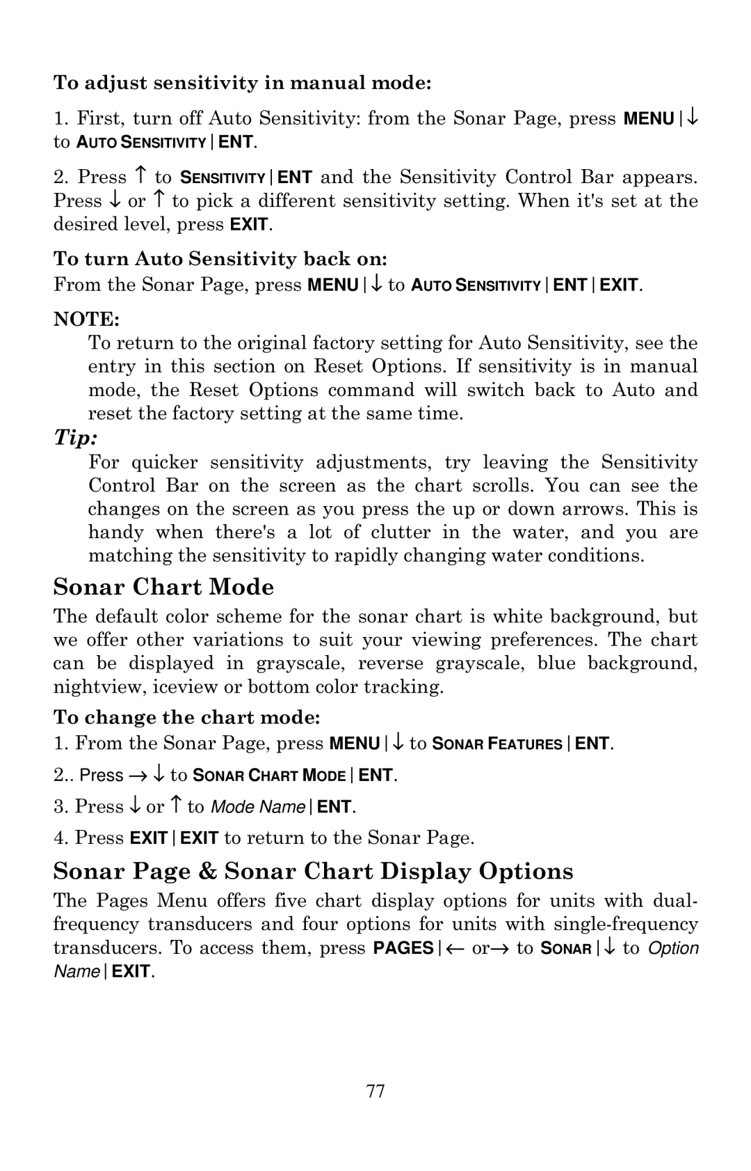 Eagle Electronics 1000C manual Sonar Chart Mode, Sonar Page & Sonar Chart Display Options 