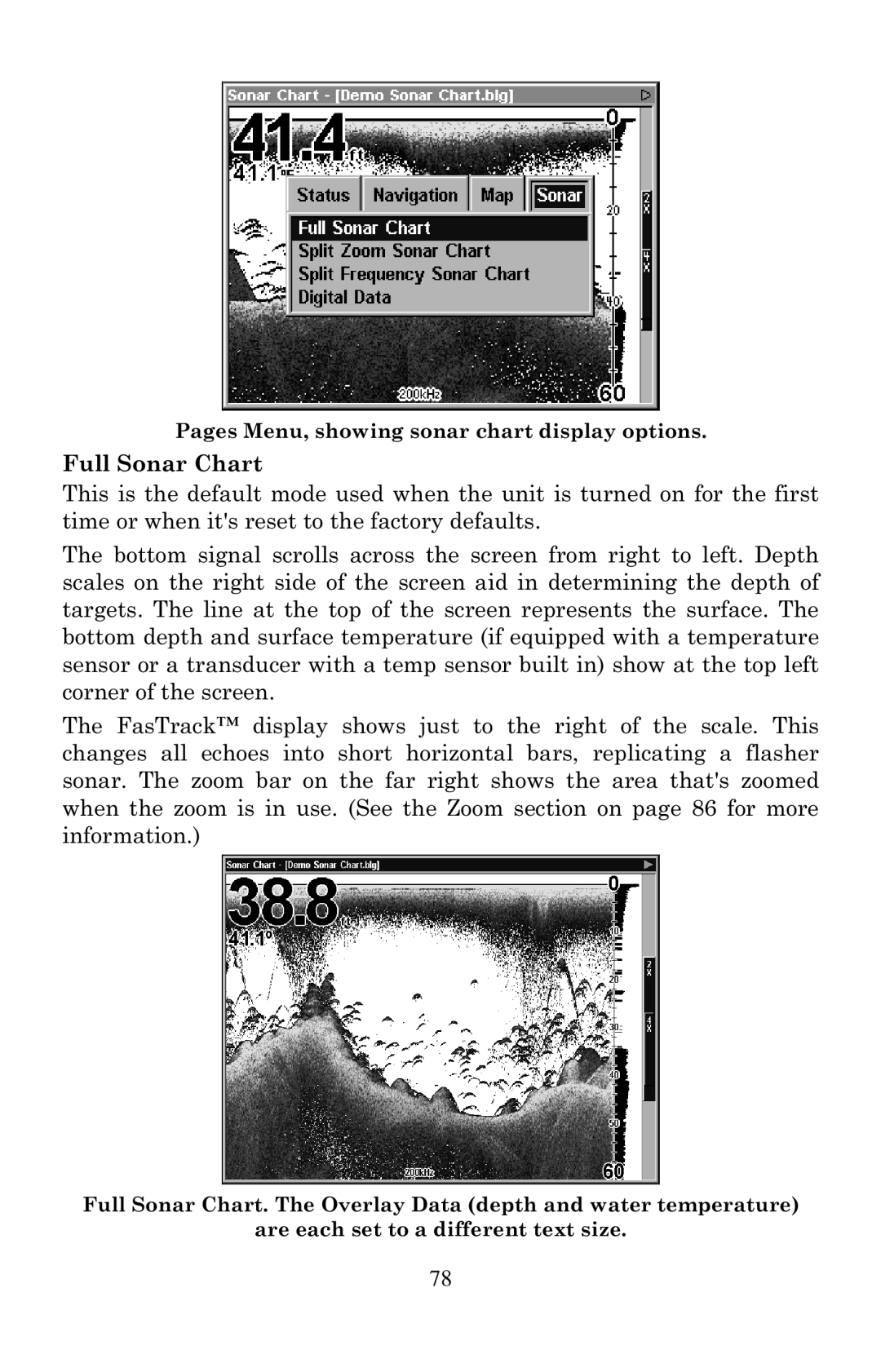 Eagle Electronics 1000C manual Pages Menu, showing sonar chart display options 