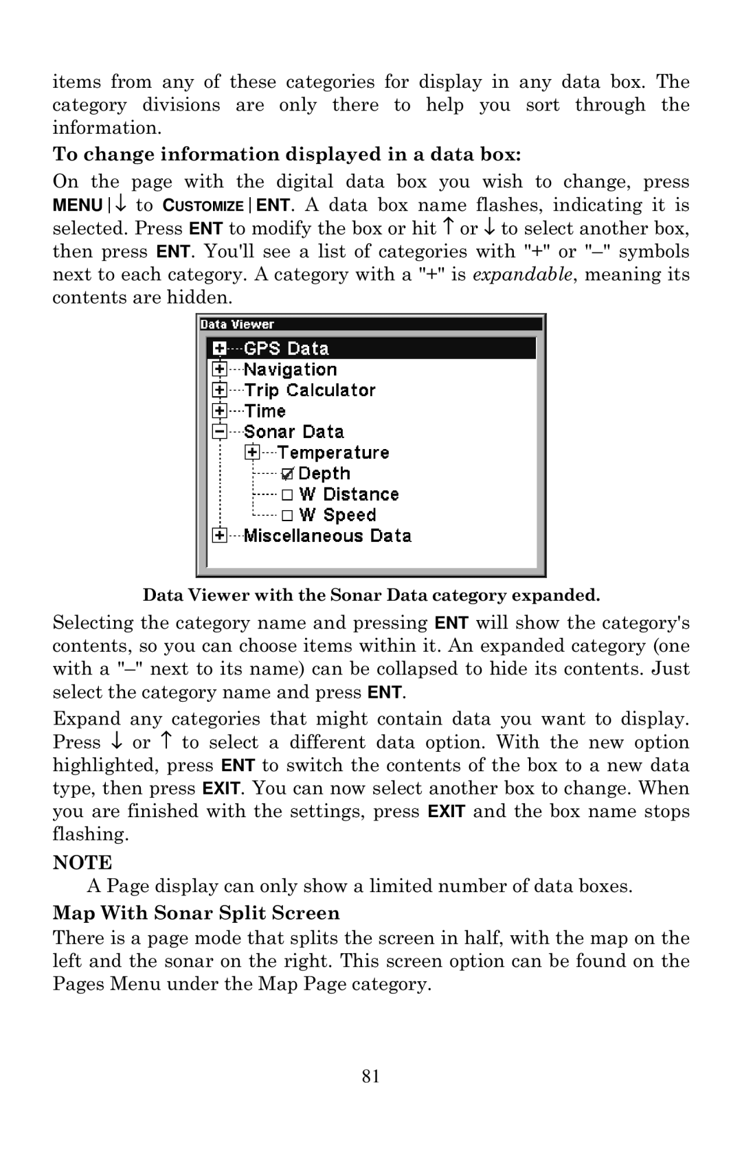 Eagle Electronics 1000C manual Data Viewer with the Sonar Data category expanded 