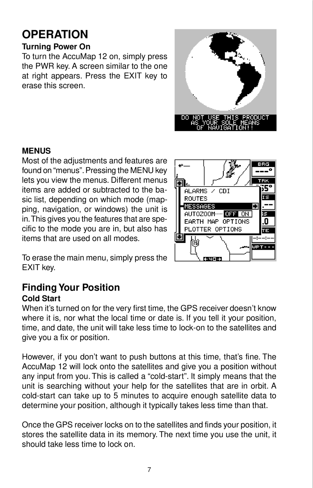 Eagle Electronics 12 manual Turning Power On, Menus, Cold Start 