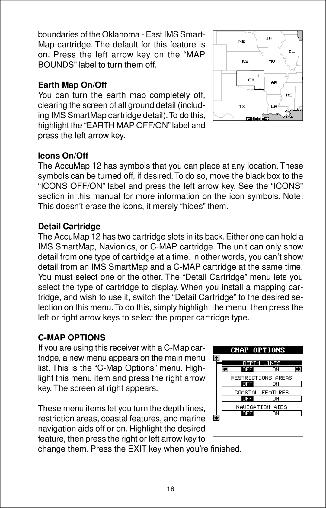 Eagle Electronics 12 manual Earth Map On/Off, Icons On/Off, Detail Cartridge, MAP Options 