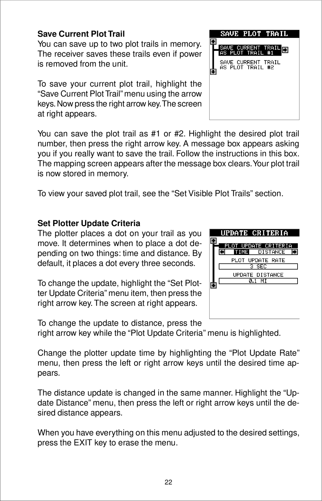 Eagle Electronics 12 manual Save Current Plot Trail, Set Plotter Update Criteria 