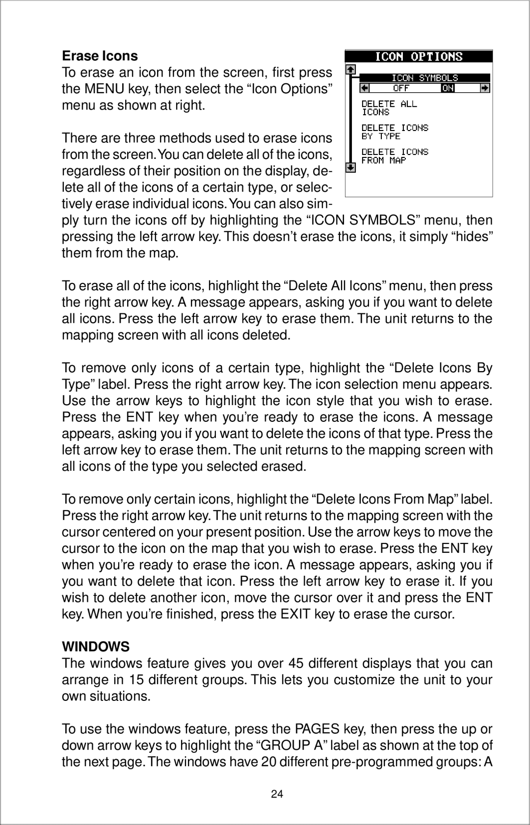 Eagle Electronics 12 manual Erase Icons, Windows 